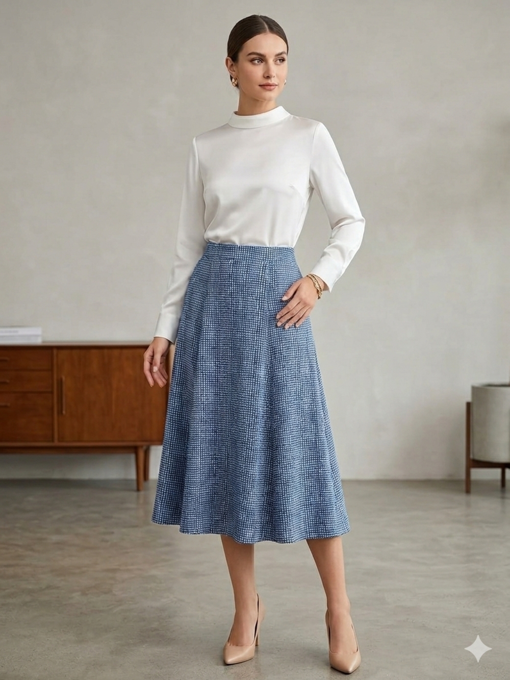 Blue Checked Midi Skirt with A-Line Silhouette